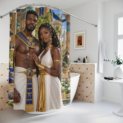 Medjay Couple Shower Curtain | Golden Embrace | Black Love Bathroom Decor