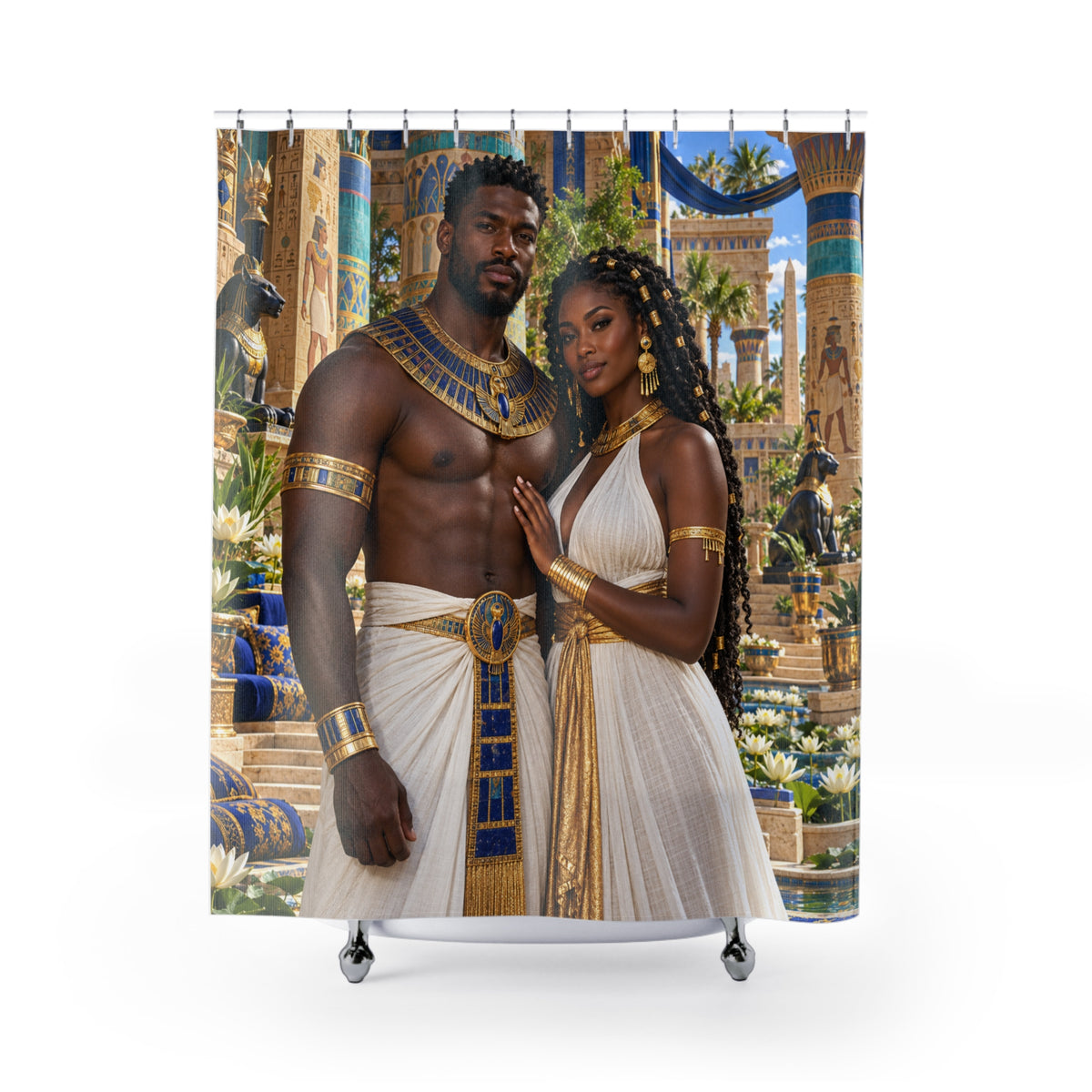 Medjay Couple Shower Curtain | Golden Embrace | Black Love Bathroom Decor