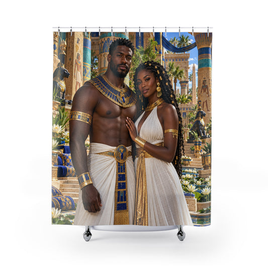 Medjay Couple Shower Curtain | Golden Embrace | Black Love Bathroom Decor