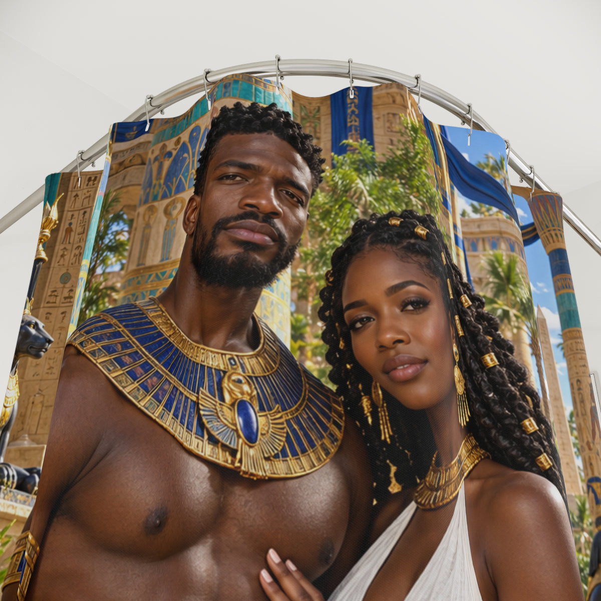 Medjay Couple Shower Curtain | Golden Embrace | Black Love Bathroom Decor