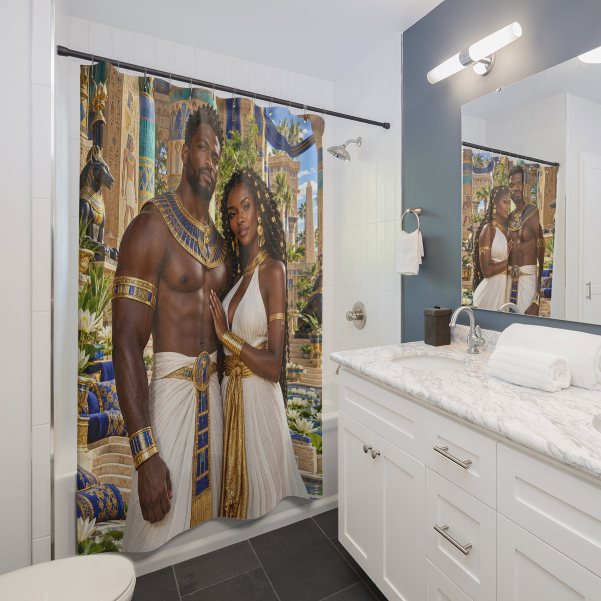Medjay Couple Shower Curtain | Golden Embrace | Black Love Bathroom Decor